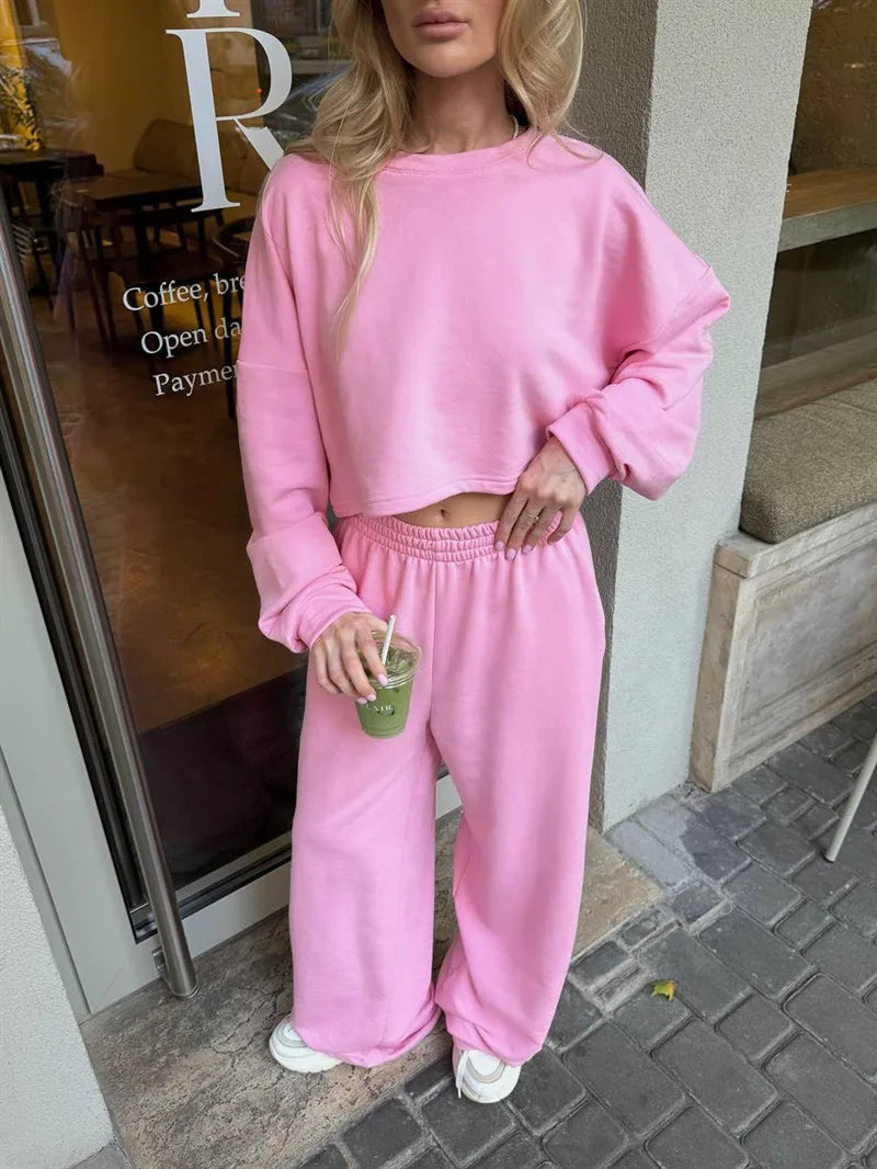 Casual Elastic Wide Leg Pants 2 Pieces Sets