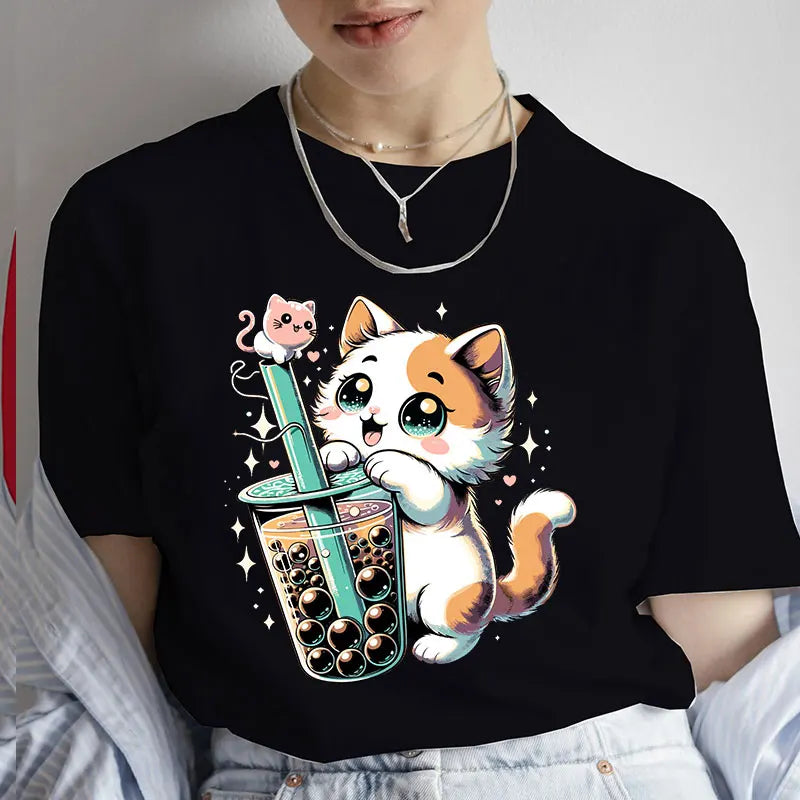 Casual Kawaii Boba Milk Tea Print Tshirt Bubble Tea Cartoon