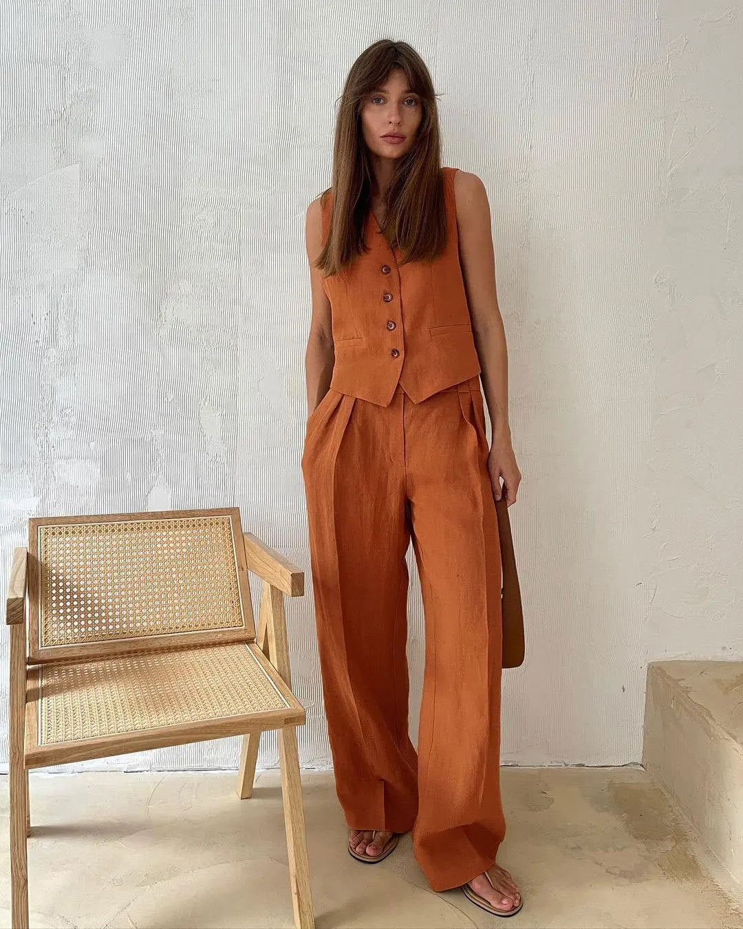 Linen Cotton Chic Vest ＆ Pants Suit Two-Piece Set