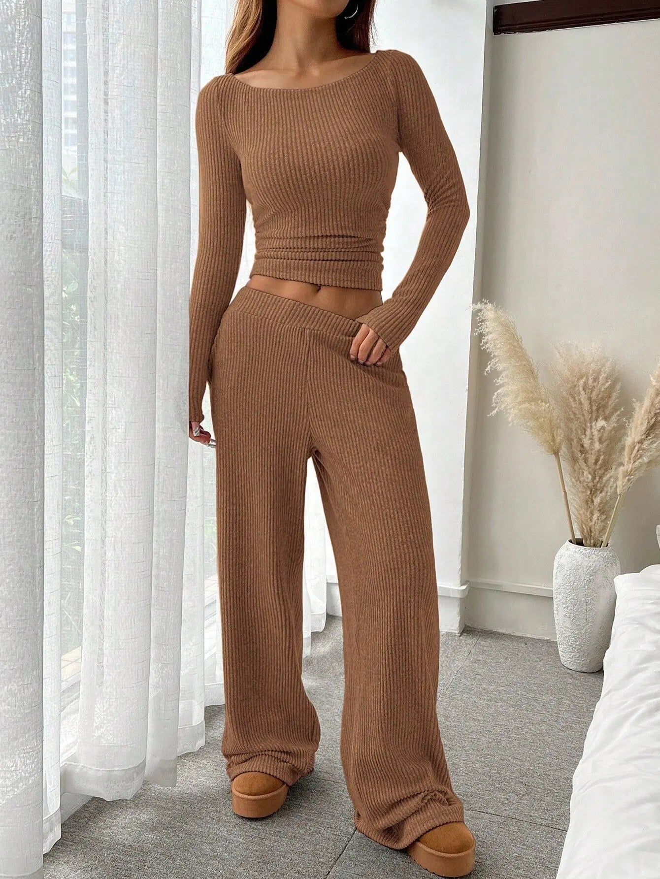 Off Shoulder Long Sleeve Top Wide Leg Pants Set
