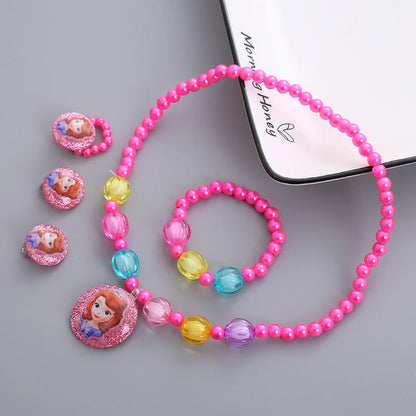 Kawaii Disney Frozen Elsa Girls Bracelet Ear Clip Ring Set Disney Princess Bracelet Cartoon Toys Kids Girls Jewelry Gifts