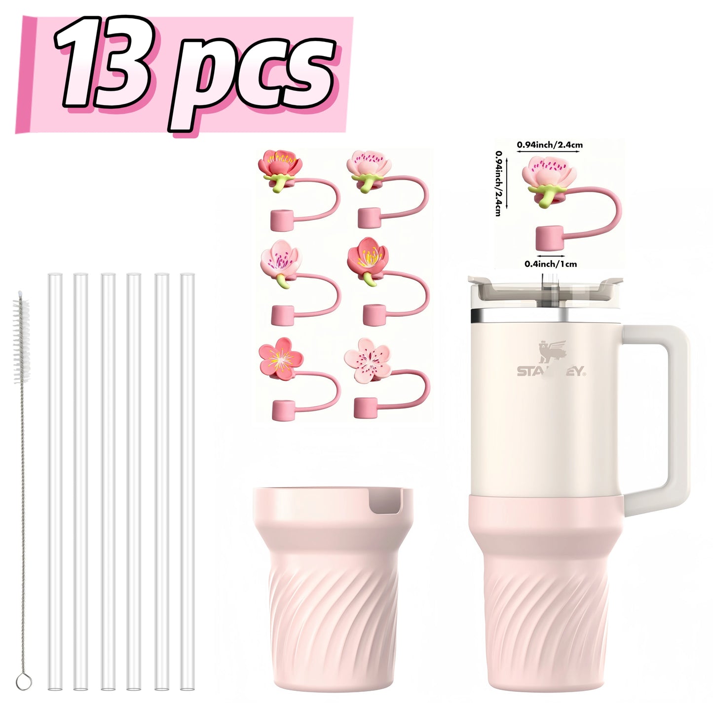 13pcs accessories for Stanley 40oz thermos cup, flower straw covers, 10mm straws, silicone cup sleeves and cleaning brushes.