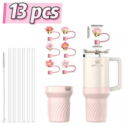 13pcs accessories for Stanley 40oz thermos cup, flower straw covers, 10mm straws, silicone cup sleeves and cleaning brushes.