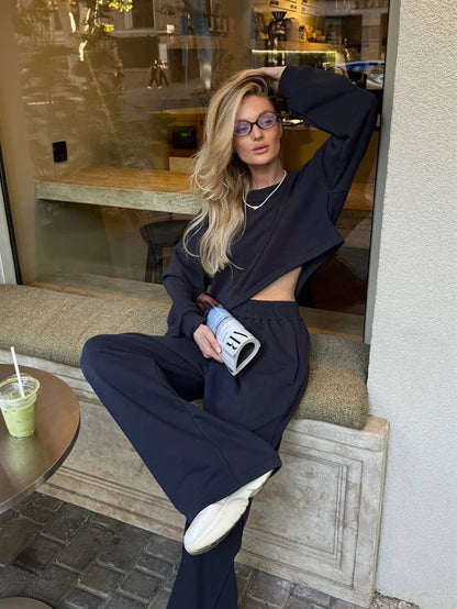 Casual Elastic Wide Leg Pants 2 Pieces Sets