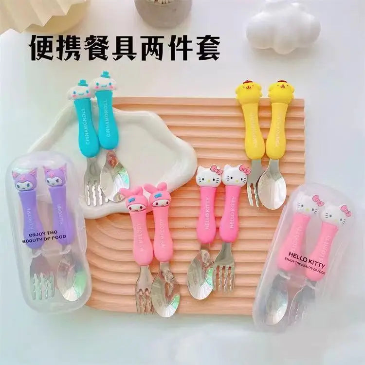 Anime Figure Hello Kitty Children Stainless Steel Cutlery Set Kuromi Cartoon Action Model Spoon Fork My Melody Baby Tableware