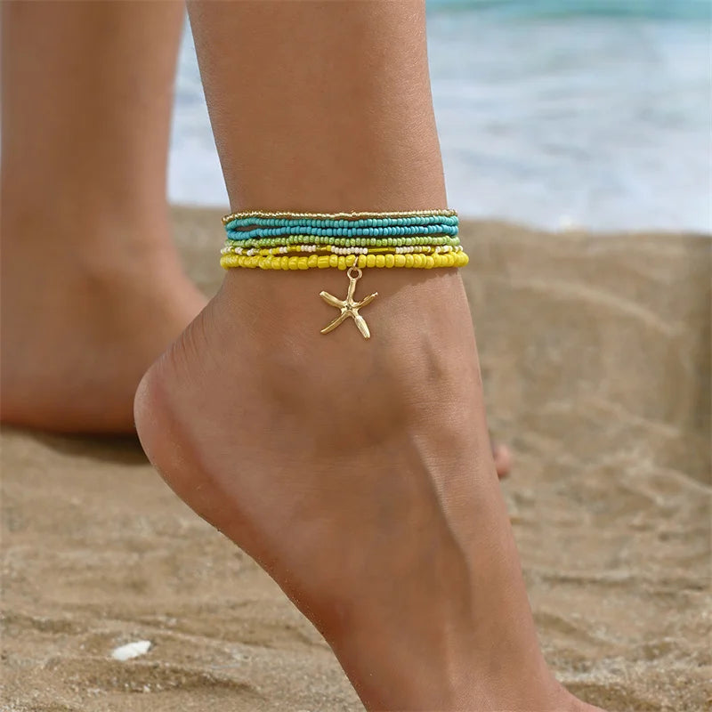 Bohemia Multilayer Rice Bead Anklet Set