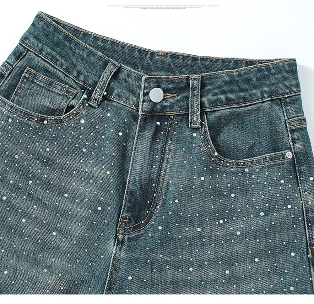 High Waist Loose Hot Stamping Diamond Denim Pants