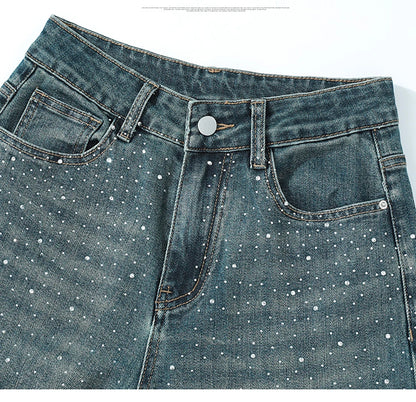 High Waist Loose Hot Stamping Diamond Denim Pants