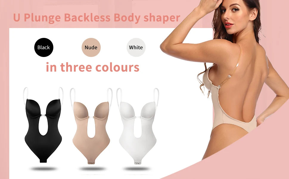 Invisible Shaper Bra Sexy Bodysuit Corset Backless Deep V-Neck U Plunge Thong Waist Trainer Clear Strap Padded Push Up Shapewear