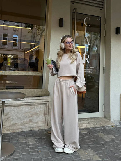Casual Elastic Wide Leg Pants 2 Pieces Sets