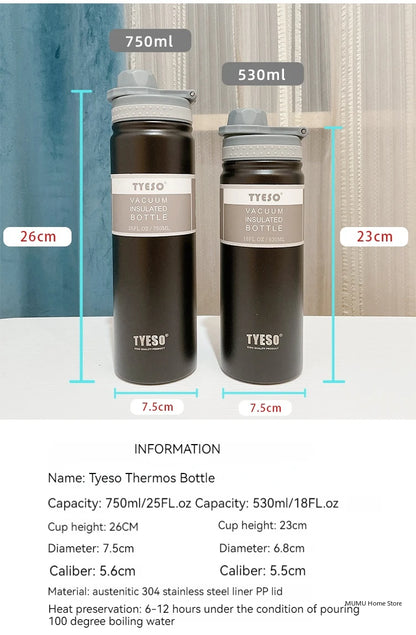 Tyeso 530/750ML Thermos Bottle Stainless Steel Vacuum Flask Travel Cup Insulated Water Bottle Sport Thermal Mug Hot & Cold Mug