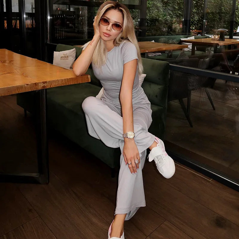Elastic Waist Pants Set Round Neck Short