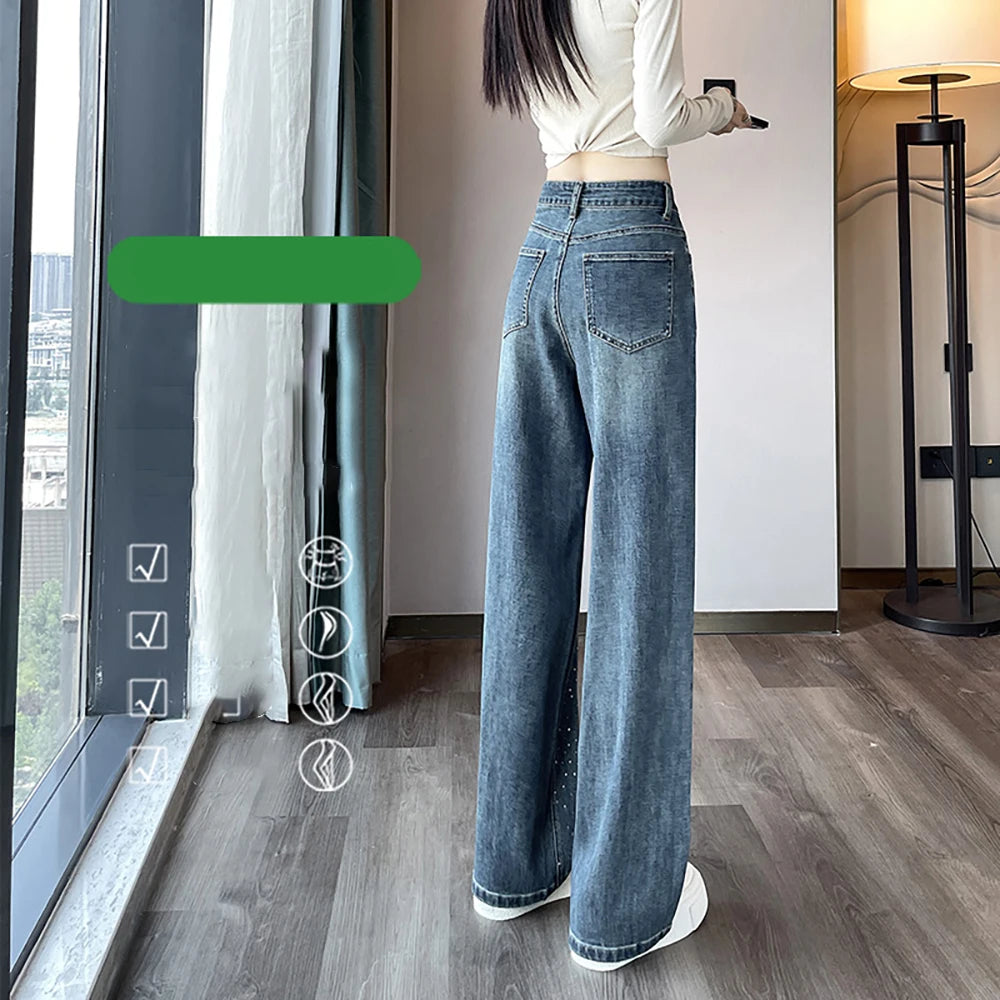 High Waist Loose Hot Stamping Diamond Denim Pants