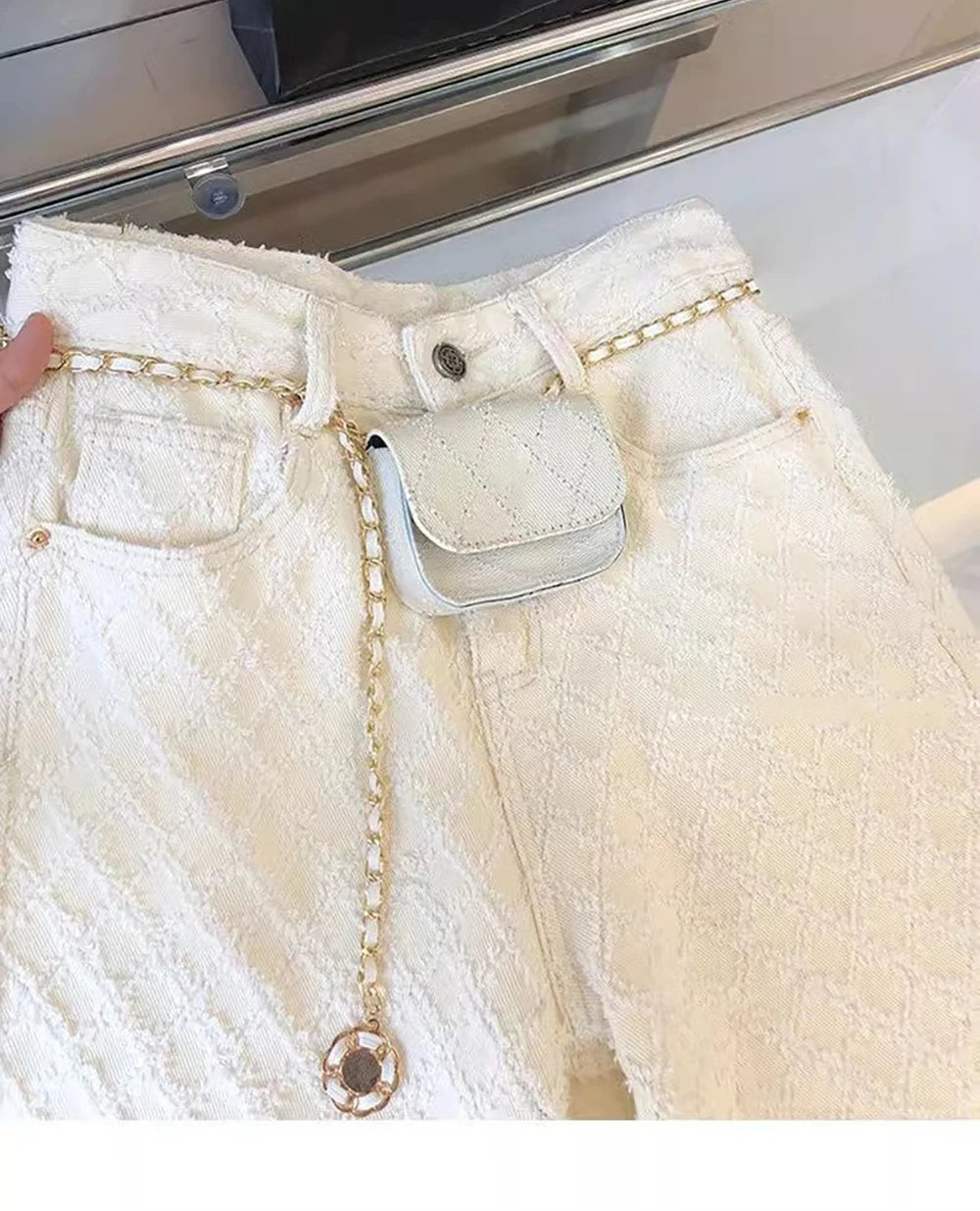 White Plaid Straight Loose Pants
