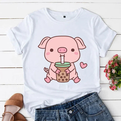 Pig Boba Tea Print Women Casual T-shirts Kawaii Pink Pig Tshirts Oversize Fashion Trend Tee Tops