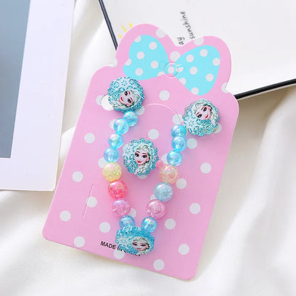 Kawaii Disney Frozen Elsa Girls Bracelet Ear Clip Ring Set Disney Princess Bracelet Cartoon Toys Kids Girls Jewelry Gifts