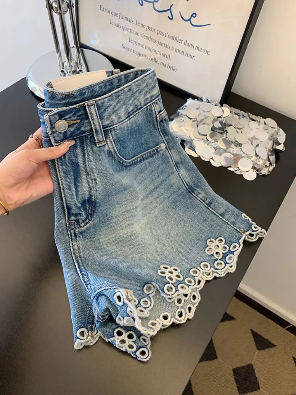 Embroidered Hollowed Out Edge Denim Shorts