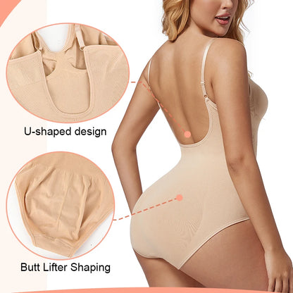 Low Back Bodysuit Shapewear for Women – Seamless Tummy Control Push-Up Body Shaper with Open Crotch & Adjustable Straps