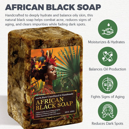 Raw African Black Soap for Oily Skin, Dark Spots  Pure & Natural Ingredients - Organic  Face and Body Wash Soap