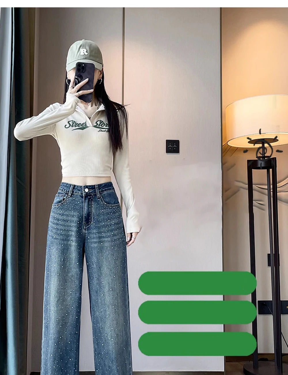 High Waist Loose Hot Stamping Diamond Denim Pants