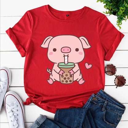 Pig Boba Tea Print Women Casual T-shirts Kawaii Pink Pig Tshirts Oversize Fashion Trend Tee Tops