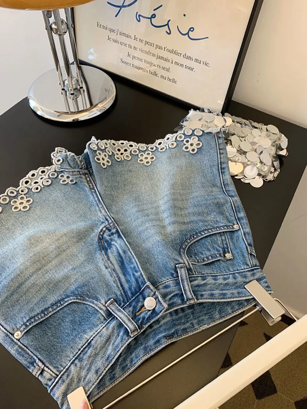 Embroidered Hollowed Out Edge Denim Shorts