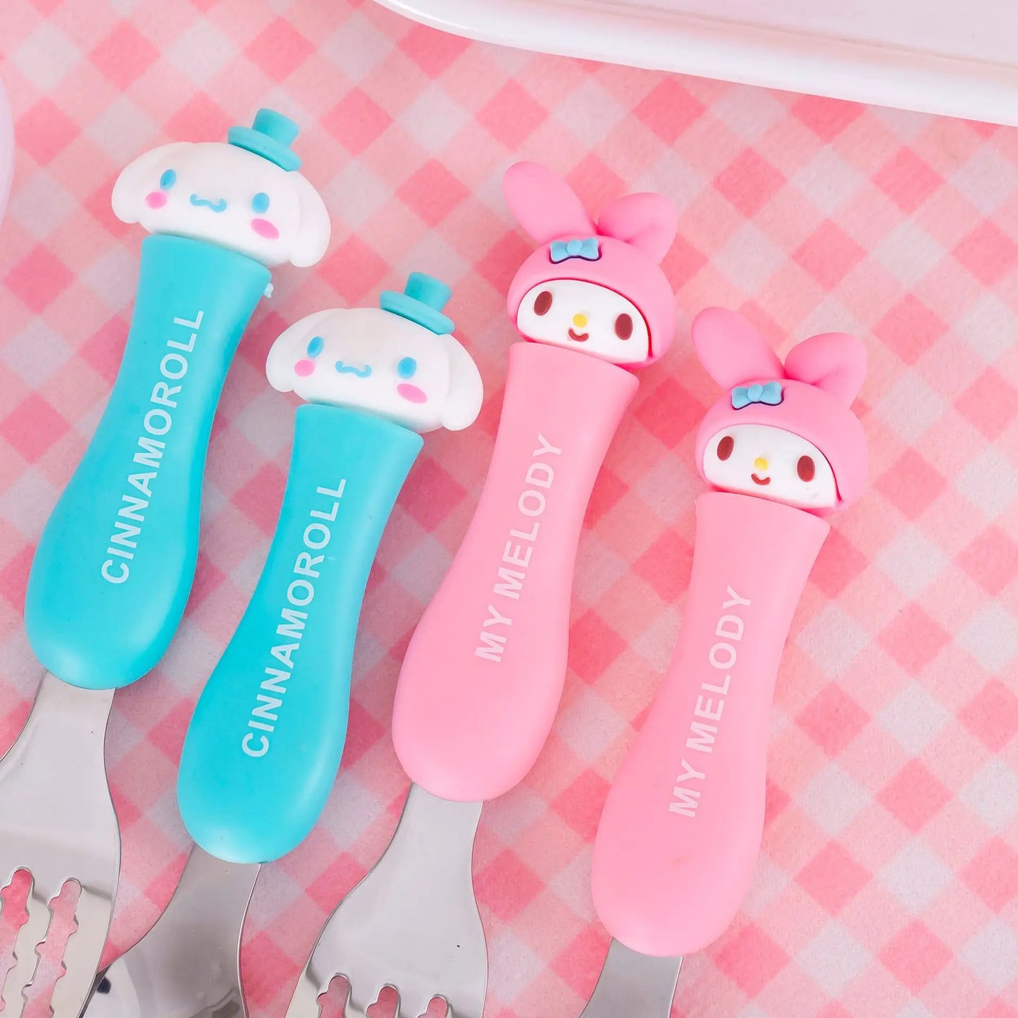 Anime Figure Hello Kitty Children Stainless Steel Cutlery Set Kuromi Cartoon Action Model Spoon Fork My Melody Baby Tableware