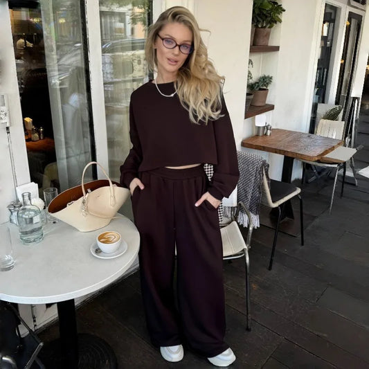 Casual Elastic Wide Leg Pants 2 Pieces Sets