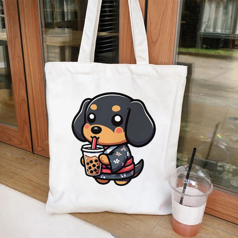 Canvas Tote Bag for Women Cute Dog Boba Tea Handbag