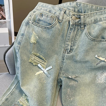 Distressed Ripped Blue Denim Pants