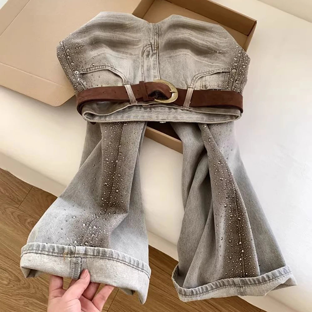 Rhinestone Wide Leg Denim Pants