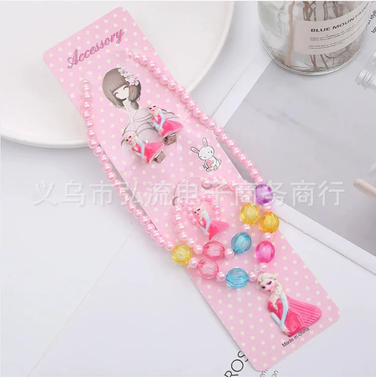 Kawaii Disney Frozen Elsa Girls Bracelet Ear Clip Ring Set Disney Princess Bracelet Cartoon Toys Kids Girls Jewelry Gifts