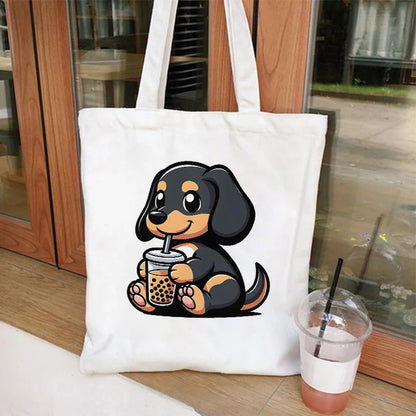 Canvas Tote Bag for Women Cute Dog Boba Tea Handbag