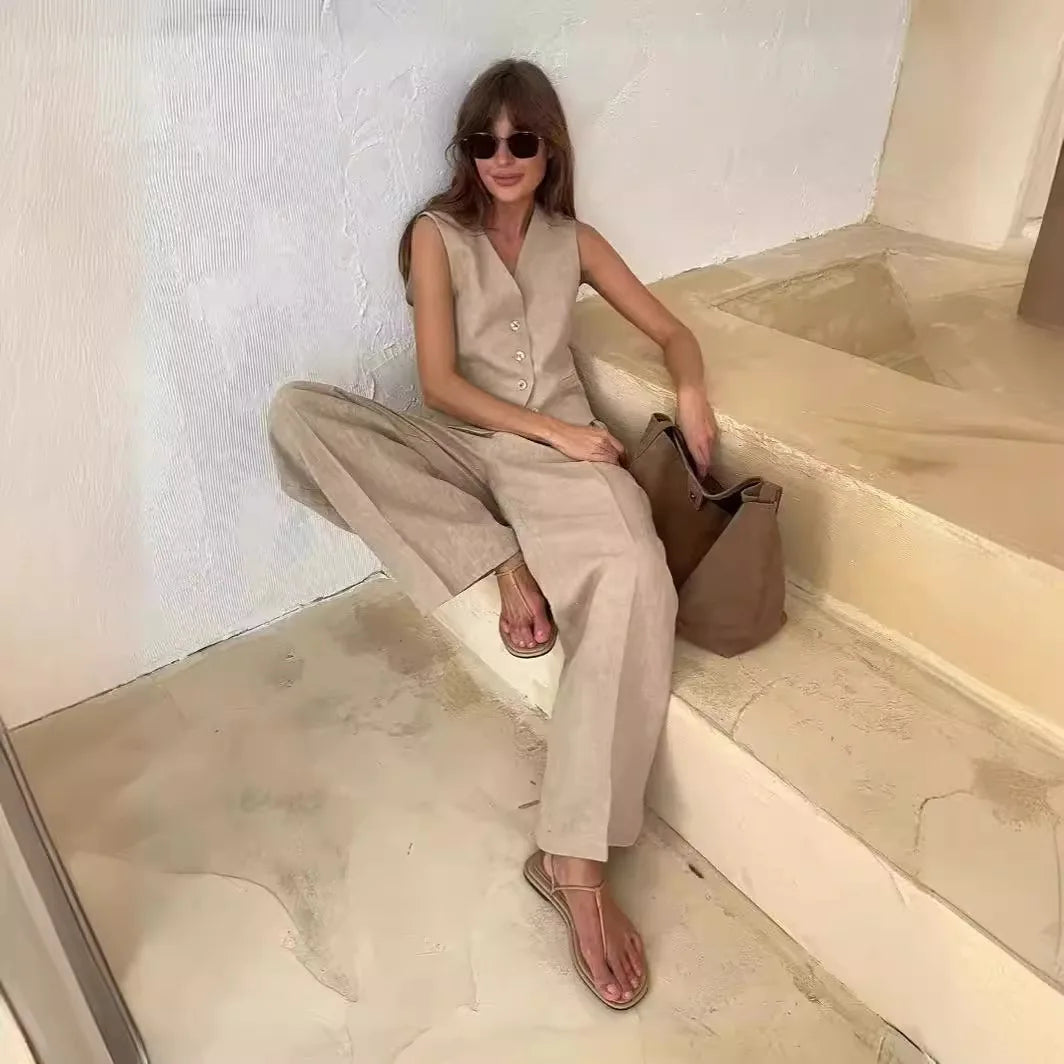 Linen Cotton Chic Vest ＆ Pants Suit Two-Piece Set