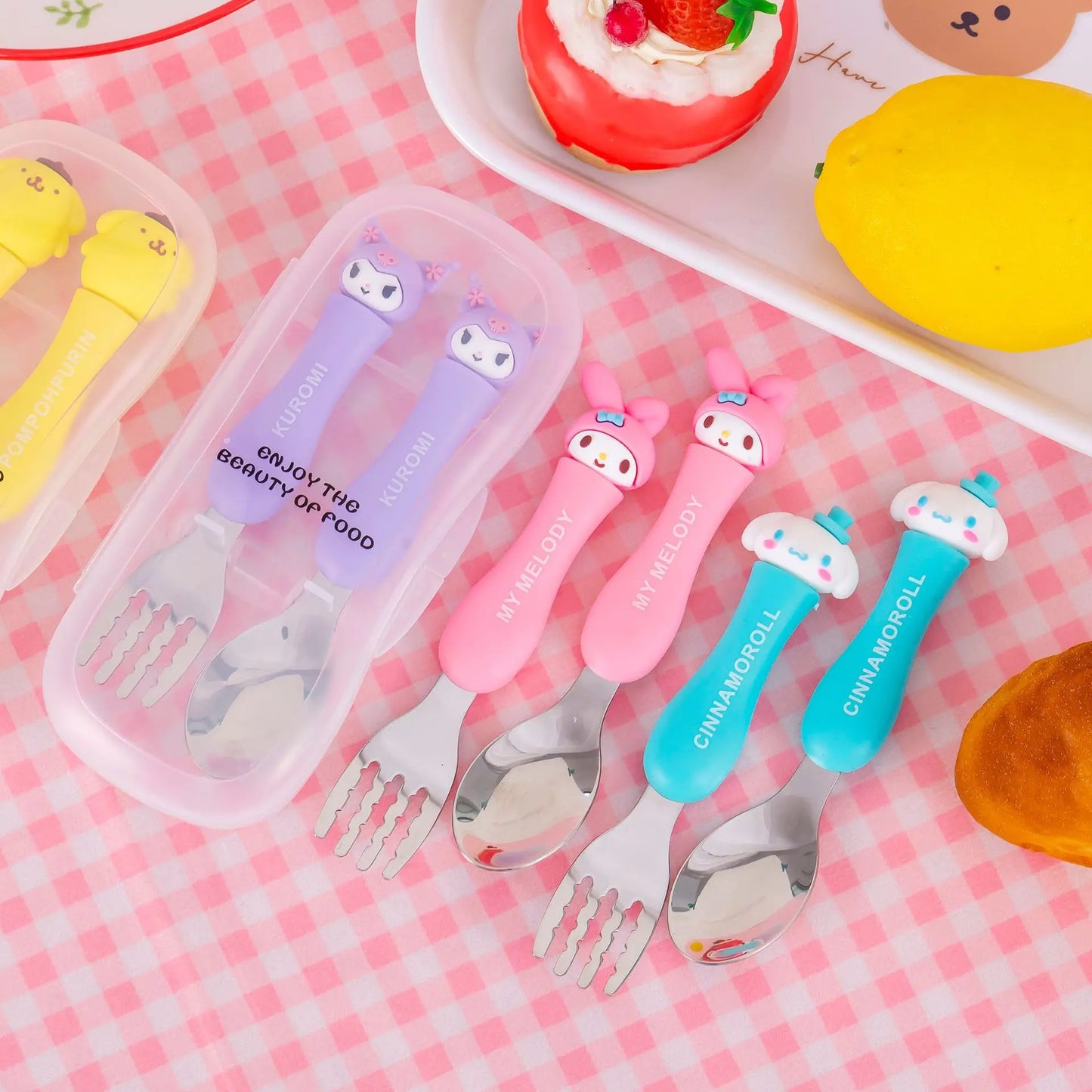 Anime Figure Hello Kitty Children Stainless Steel Cutlery Set Kuromi Cartoon Action Model Spoon Fork My Melody Baby Tableware