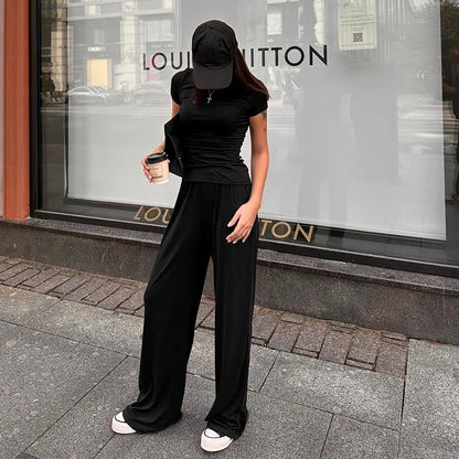 Elastic Waist Pants Set Round Neck Short