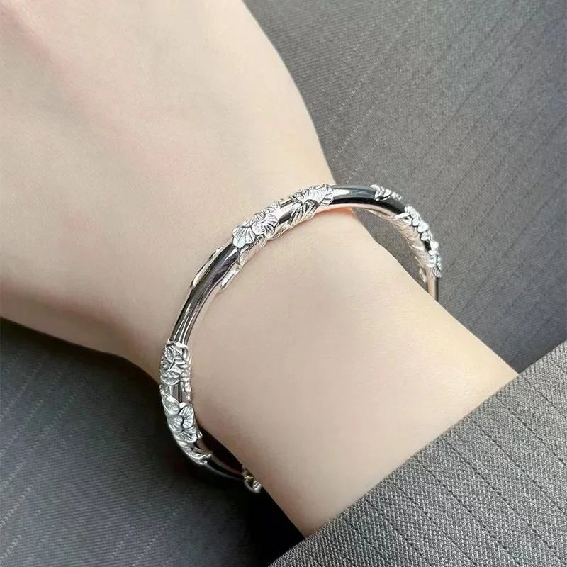 Silver Bracelet Solid Silk Feather Push Pull Bracelet