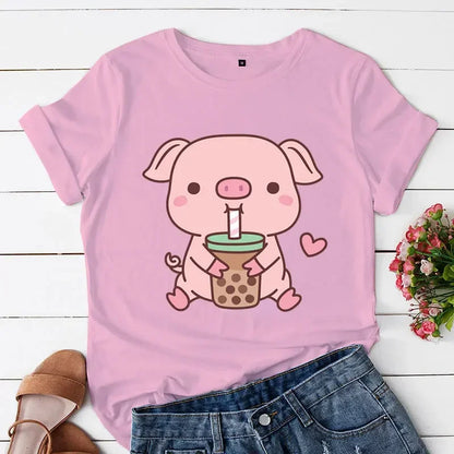 Pig Boba Tea Print Women Casual T-shirts Kawaii Pink Pig Tshirts Oversize Fashion Trend Tee Tops