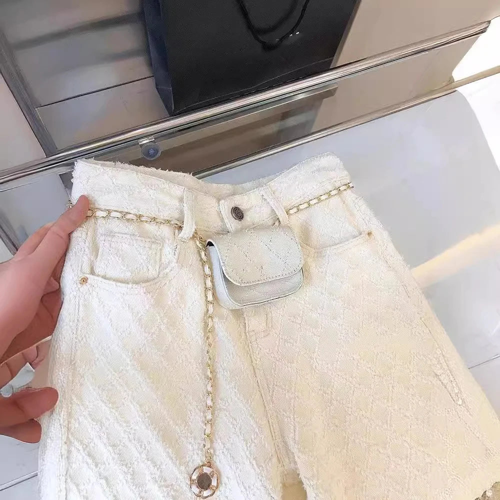White Plaid Straight Loose Pants