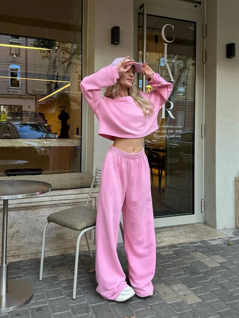 Casual Elastic Wide Leg Pants 2 Pieces Sets