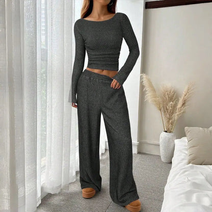 Off Shoulder Long Sleeve Top Wide Leg Pants Set
