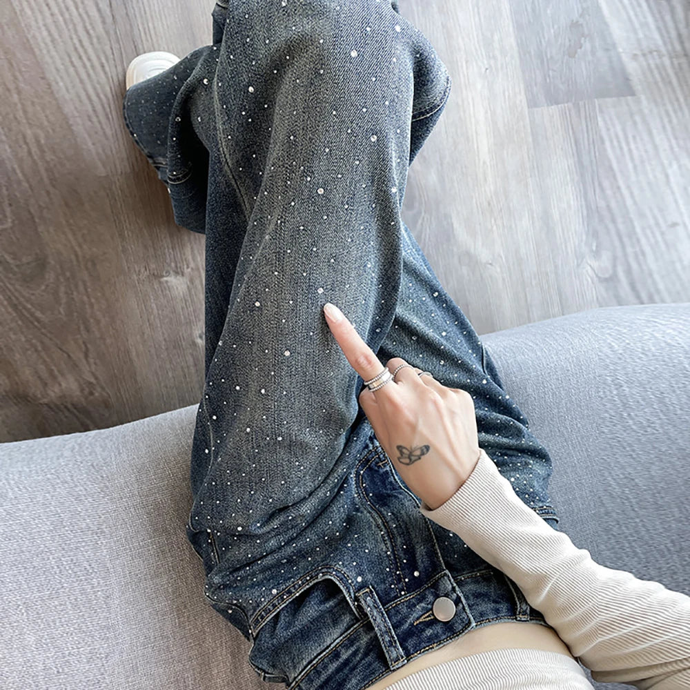 High Waist Loose Hot Stamping Diamond Denim Pants