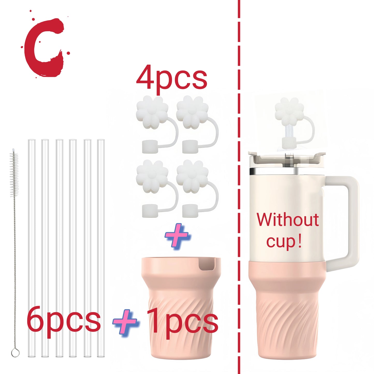 13pcs accessories for Stanley 40oz thermos cup, flower straw covers, 10mm straws, silicone cup sleeves and cleaning brushes.