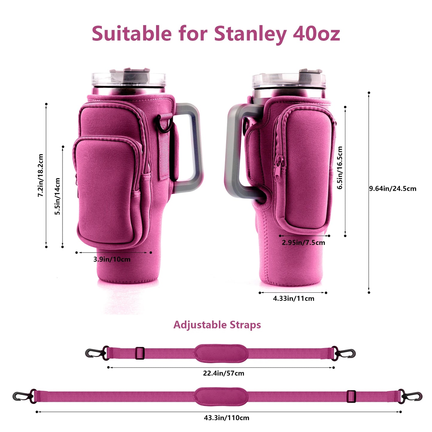 30oz 40oz Neoprene Water Bottle Cover for Stanley Quencher Cup Insulated No-slip Anti-fall Protective Sleeve with Strap Pocket