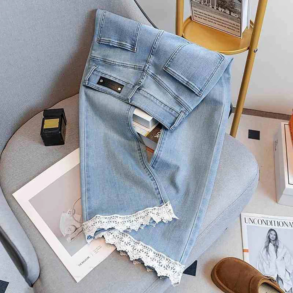 Fashion Lace Edge Blue Jeans