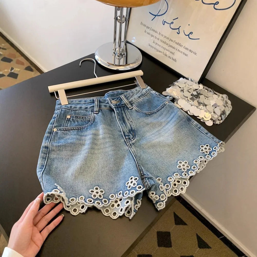 Embroidered Hollowed Out Edge Denim Shorts