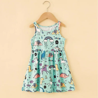 Cute Summer Cartoon Print Dress for Girls – Sleeveless A-Line Princess Outfit