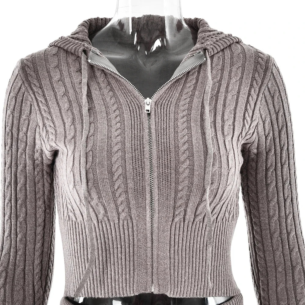 Knitted Long Sleeve Zipper Hooded Two Piece Sets