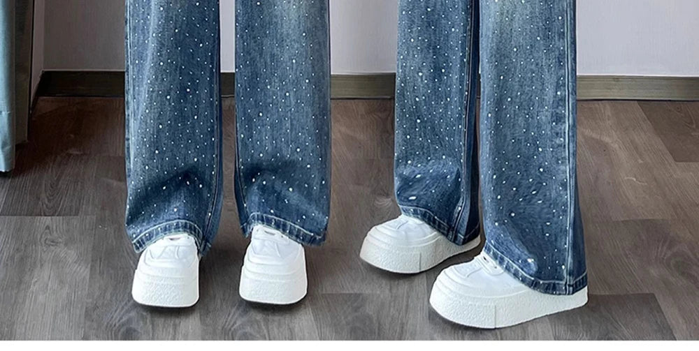 High Waist Loose Hot Stamping Diamond Denim Pants