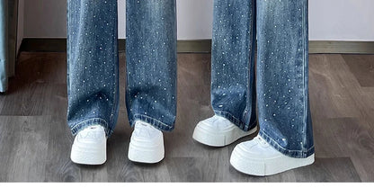 High Waist Loose Hot Stamping Diamond Denim Pants